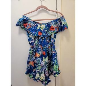 NWOT ALMA Off-Shoulder Floral Blue Romper Playsuit, Women's Large